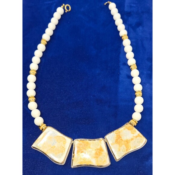 Vintage White Beaded Porcelain Tile Statement Chunky Bib Necklace 20" - Picture 6 of 9
